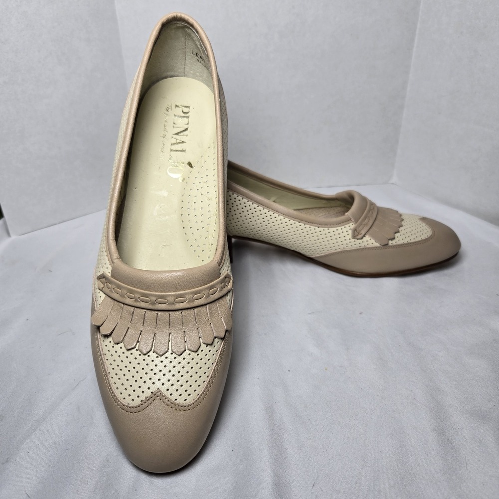 Vtg Penaljo Leather Spectator Kiltie Mesh Block Heel Pumps Womens 7M Beige